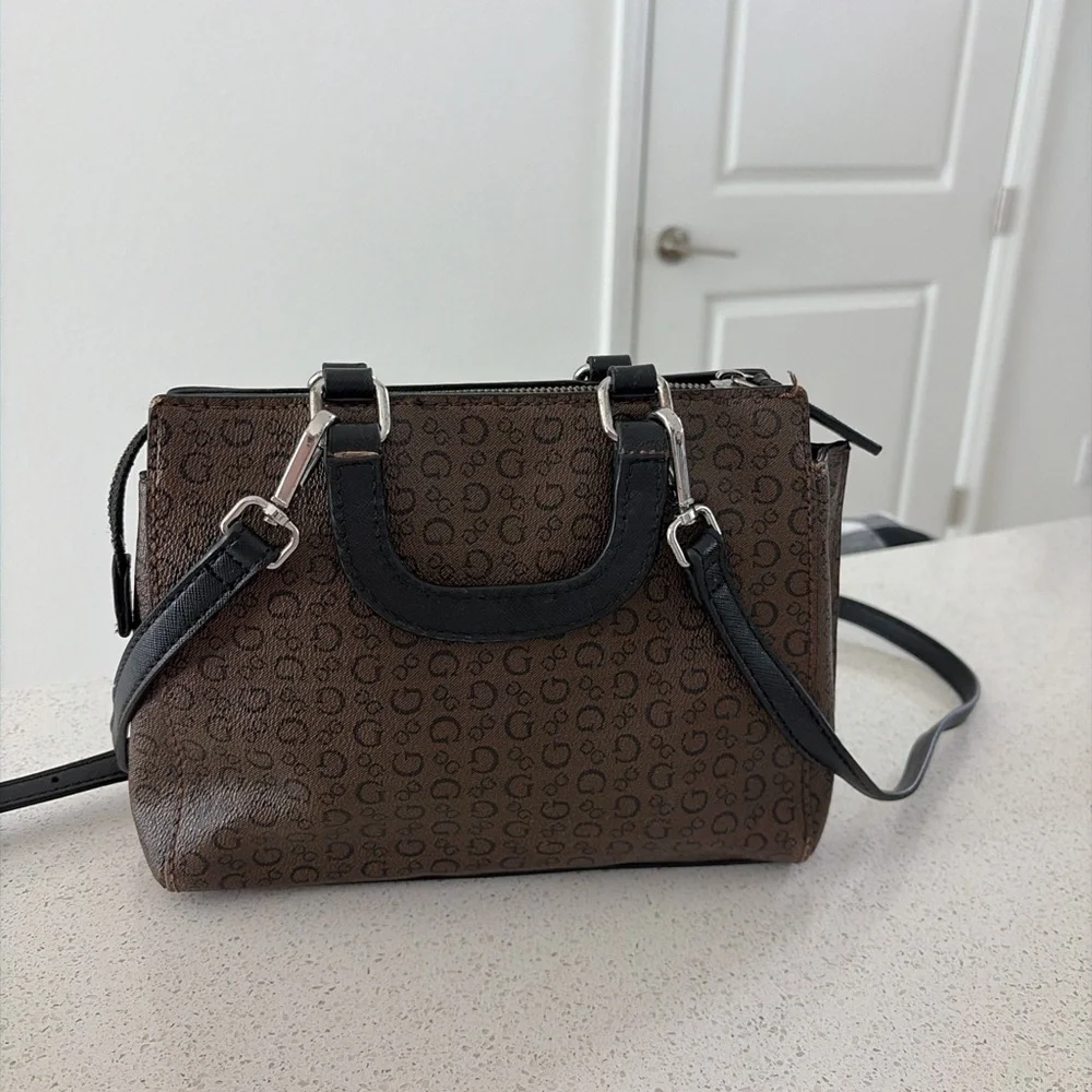 Guess Brown and Black Logo Crossbody Bag with Red Accent